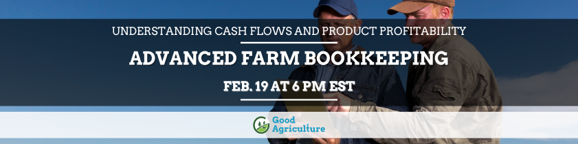 Two farmers in caps talking outdoors near livestock at dusk in advanced farm bookkeeping ad